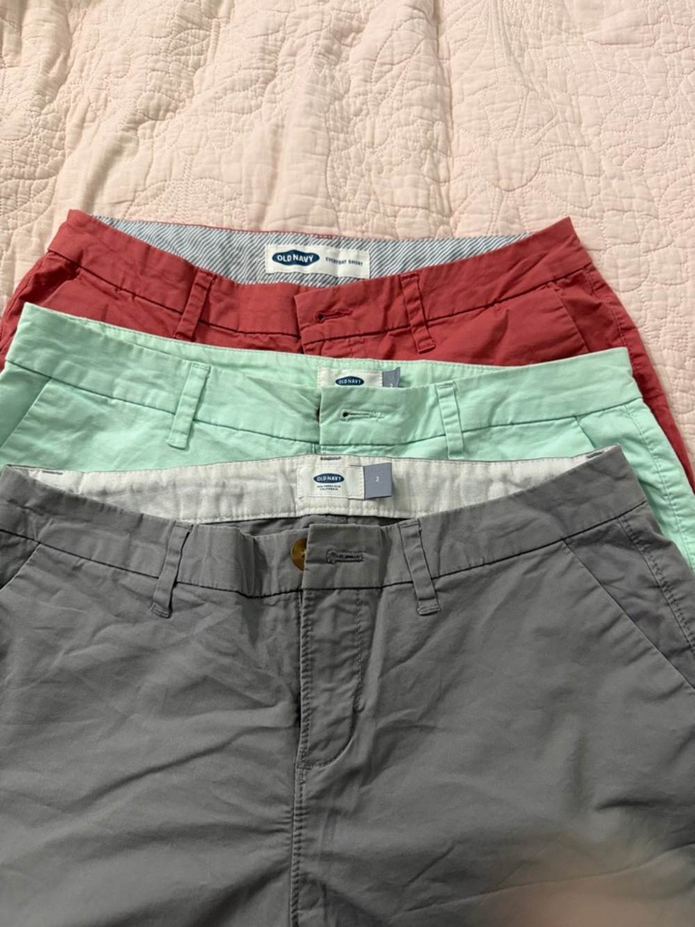 Old Navy Shorts Trio in Coral, Mint, and Gray